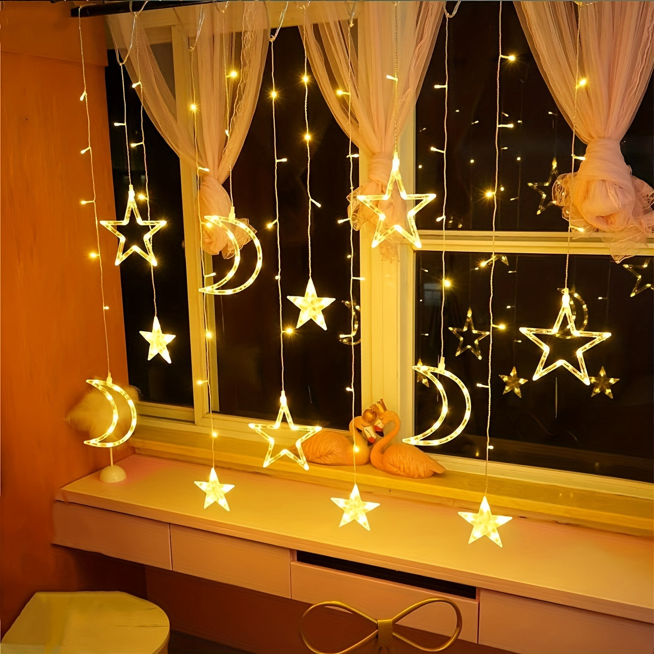 1 set of LED fairy curtain lights with stars and moon, suitable for decoration during Ramadan, Valentine's Day, weddings, birthdays, graduation ceremonies, parties, romantic decorations