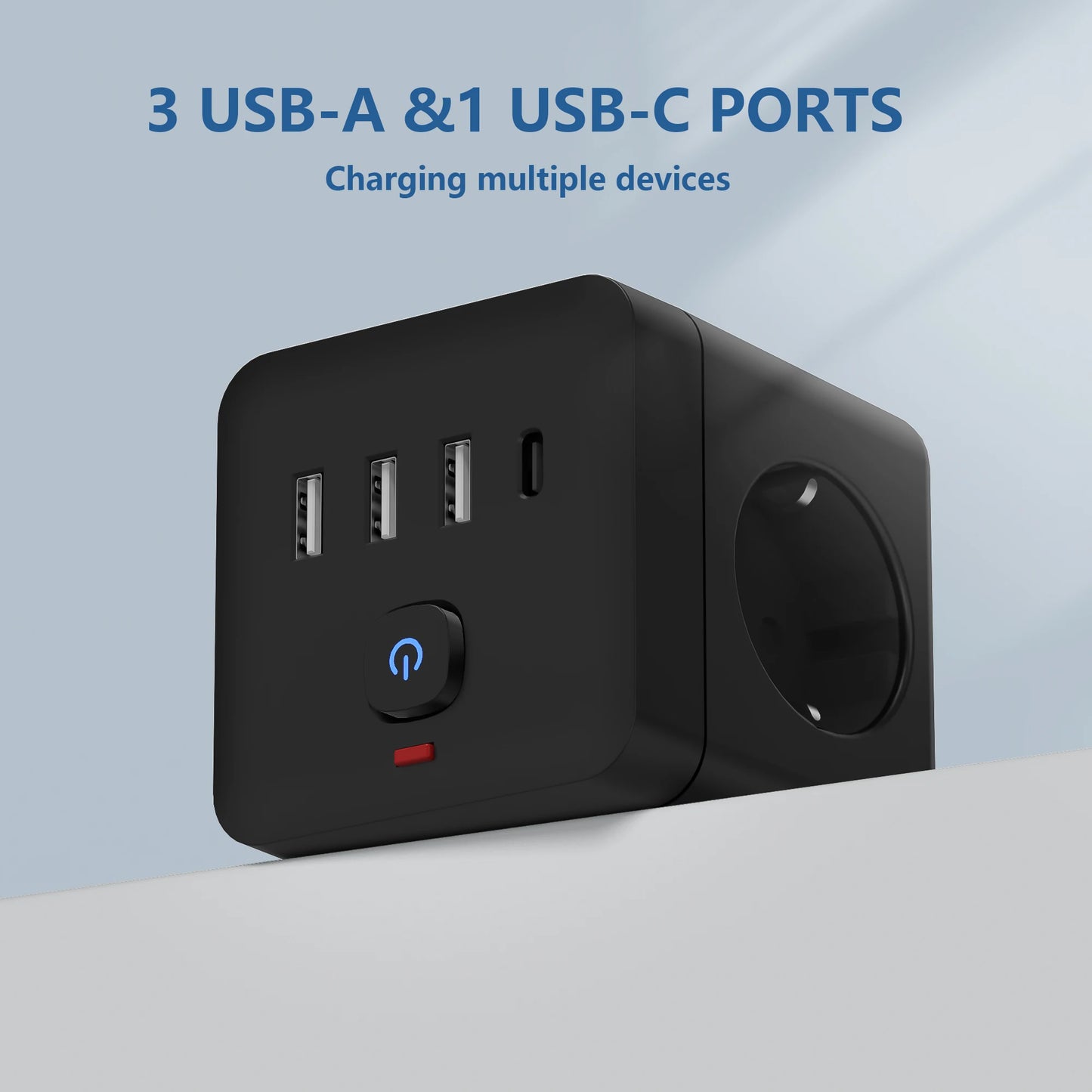 7-in-1 EU Power Strip, Power Strip Surge Protector 3 AC Outlets 3 USB 1 Type-C, Desktop Charging Station With Overload Protecti