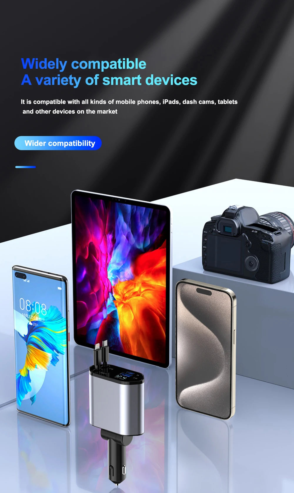 4 in 1 Retractable Car Charger Wired 120W for iPhone Samsung Xiaomi iPad USB C Cable for IP/Type-C Super Fast Charging Adapter