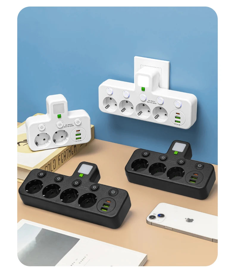 EU Plug Outlet 5 Sockets Electrical Socket No Extension Cord With or without it USB Type-C Ports Two specifications