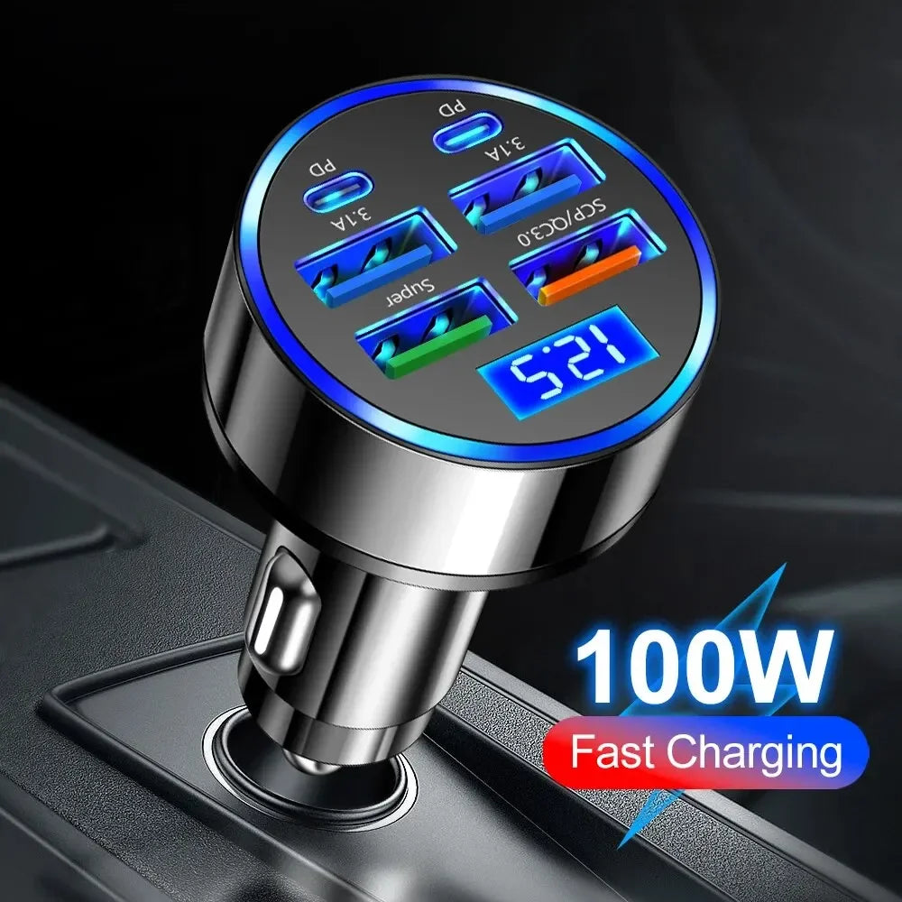 250W PD Car Charger QC3.0 Fast Charge two to Six Port Car Cigarette Lighter Plug Car Charger Flash Charge with Digital Display