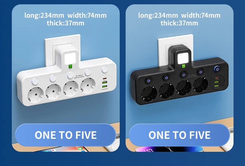 EU Plug Outlet 5 Sockets Electrical Socket No Extension Cord With or without it USB Type-C Ports Two specifications