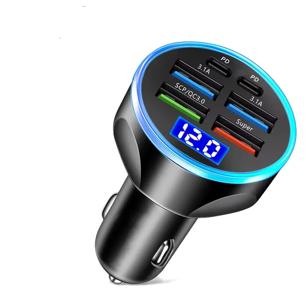 6 in 1 USB C Car Phone Charger Adapter with Voltage Display Dual PD Super Fast for iPhone 15 Pro max OPPO Samsung Huawei