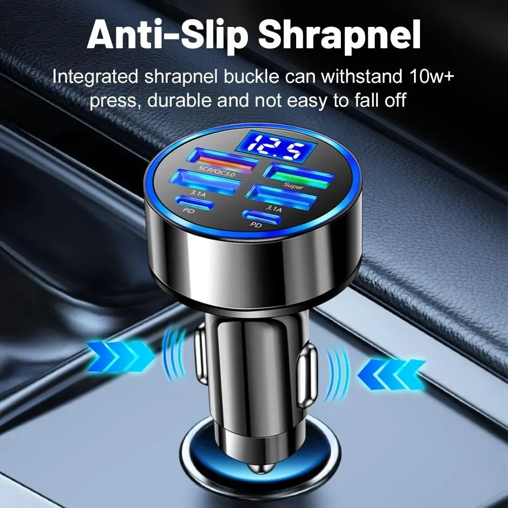 250W PD Car Charger QC3.0 Fast Charge two to Six Port Car Cigarette Lighter Plug Car Charger Flash Charge with Digital Display