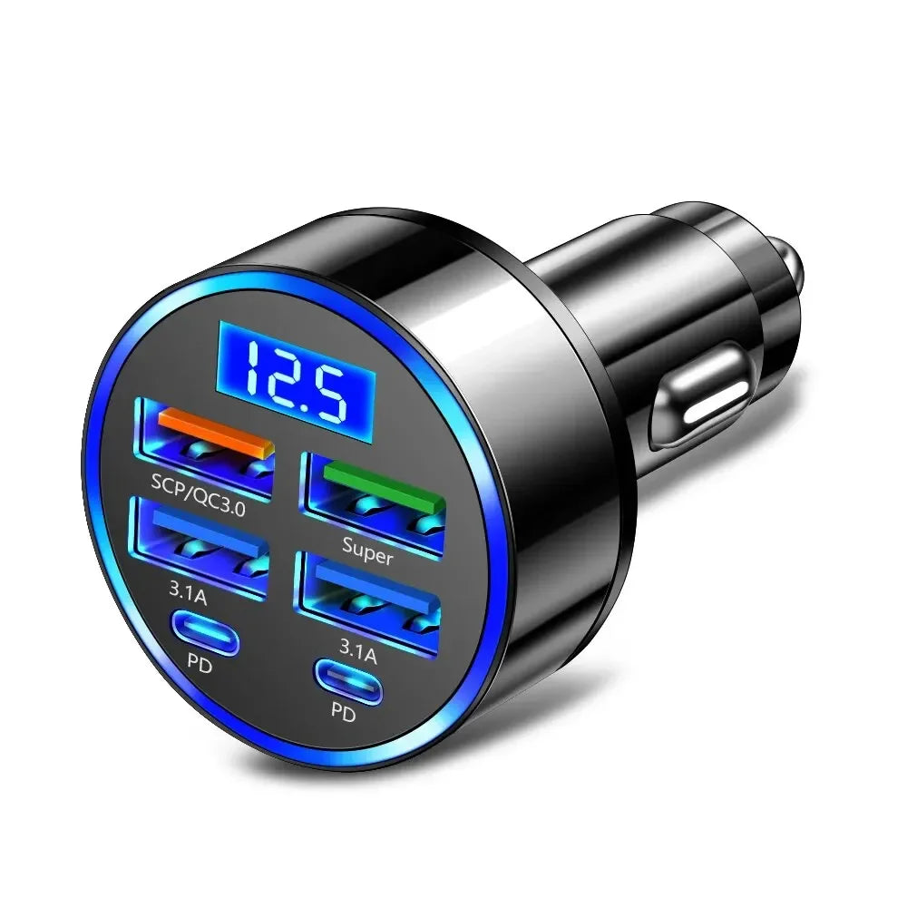 250W PD Car Charger QC3.0 Fast Charge two to Six Port Car Cigarette Lighter Plug Car Charger Flash Charge with Digital Display
