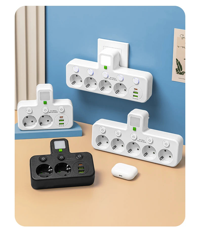 EU Plug Outlet 5 Sockets Electrical Socket No Extension Cord With or without it USB Type-C Ports Two specifications