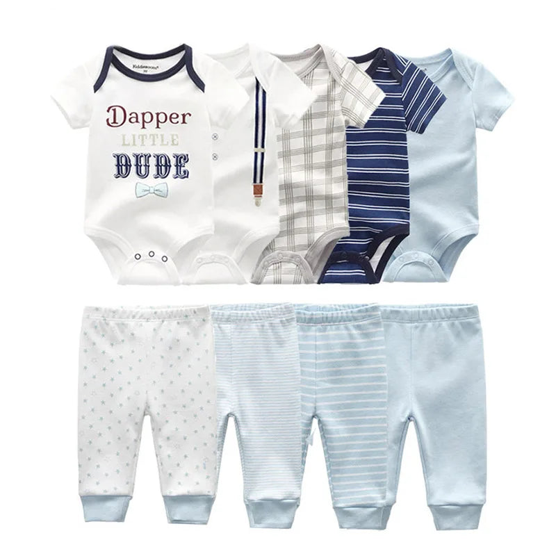Kiddiezoom 9 Pcs/Lot Four Seasons Fashion Baby Boy Girl Clothing Set Cotton Soft Newborn Bodysuits+Pants Infant Outfit Gifts