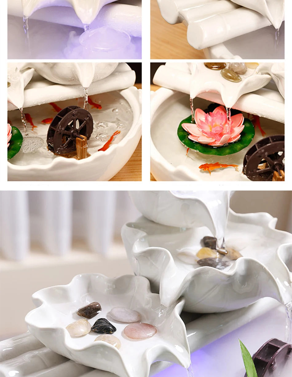 White Creative Lotus Fountain Water Tank, Living Room Spray Water Humidification, Atomized Fish Tank Decoration, Office Desktop