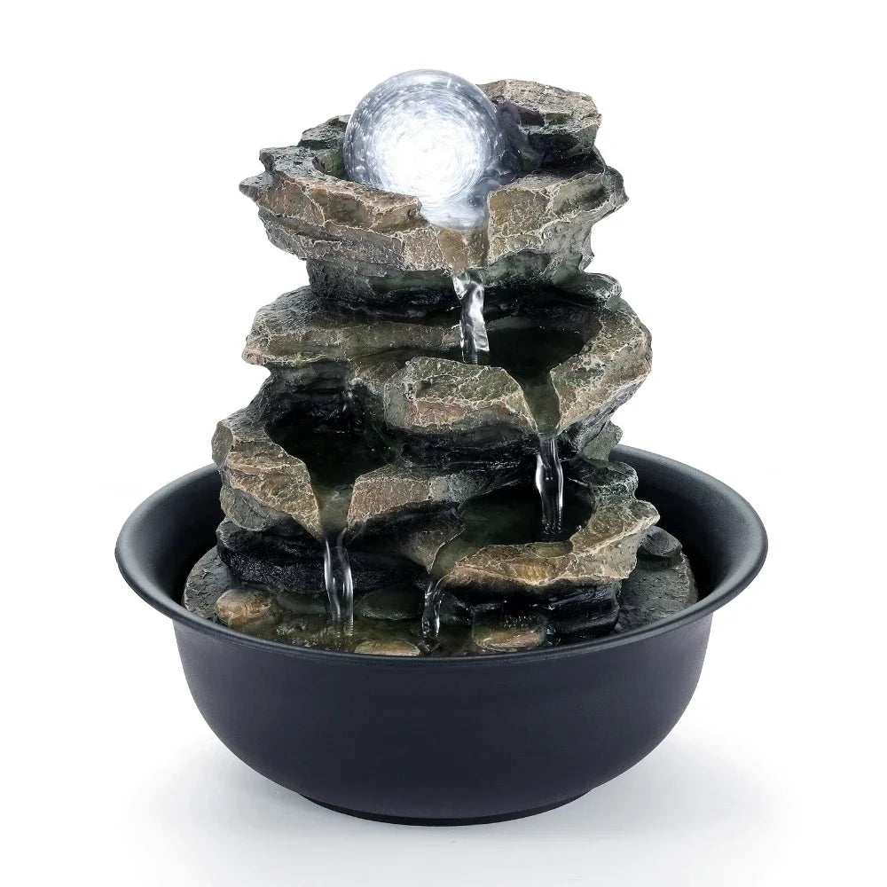 Tabletop Water Fountain Small Relaxation Waterfall Feature with LED Ball Indoor Decorative Tabletop Fountain for Stress Relief