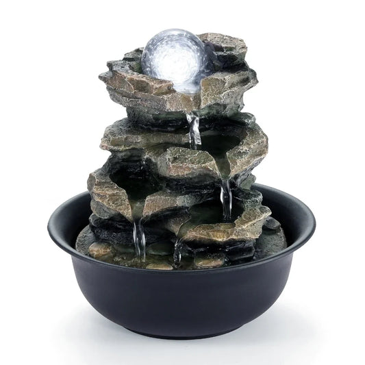 Tabletop Water Fountain Small Relaxation Waterfall Feature with LED Ball Indoor Decorative Tabletop Fountain for Stress Relief