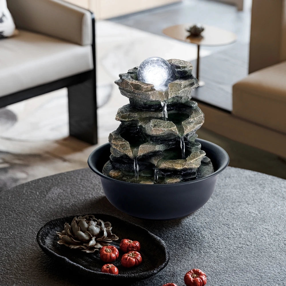 Tabletop Water Fountain Small Relaxation Waterfall Feature with LED Ball Indoor Decorative Tabletop Fountain for Stress Relief