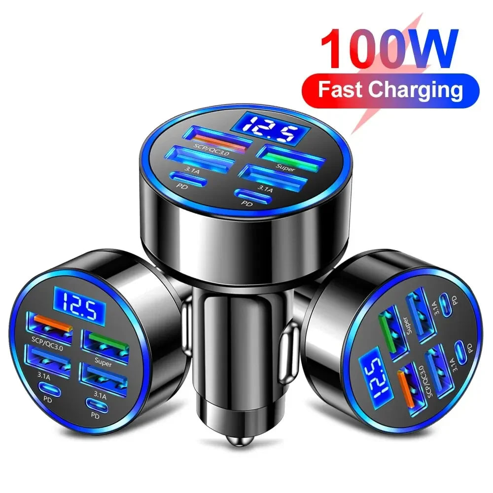 250W PD Car Charger QC3.0 Fast Charge two to Six Port Car Cigarette Lighter Plug Car Charger Flash Charge with Digital Display