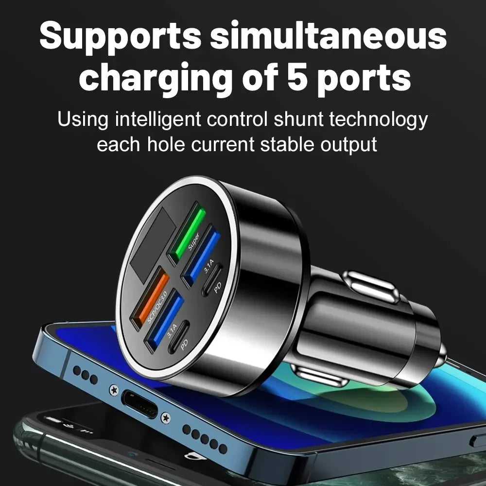 250W PD Car Charger QC3.0 Fast Charge two to Six Port Car Cigarette Lighter Plug Car Charger Flash Charge with Digital Display