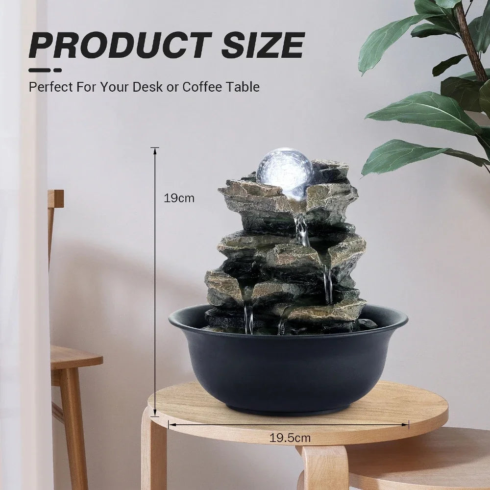 Tabletop Water Fountain Small Relaxation Waterfall Feature with LED Ball Indoor Decorative Tabletop Fountain for Stress Relief