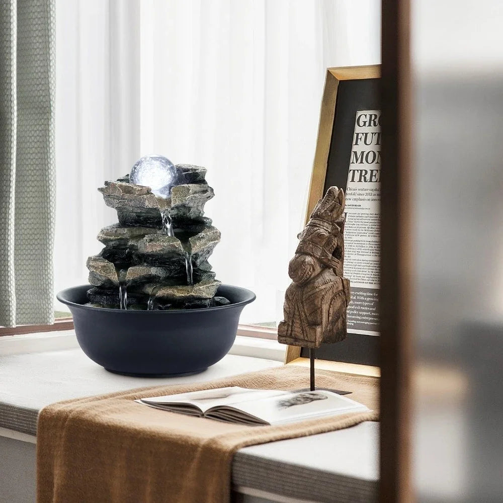 Tabletop Water Fountain Small Relaxation Waterfall Feature with LED Ball Indoor Decorative Tabletop Fountain for Stress Relief