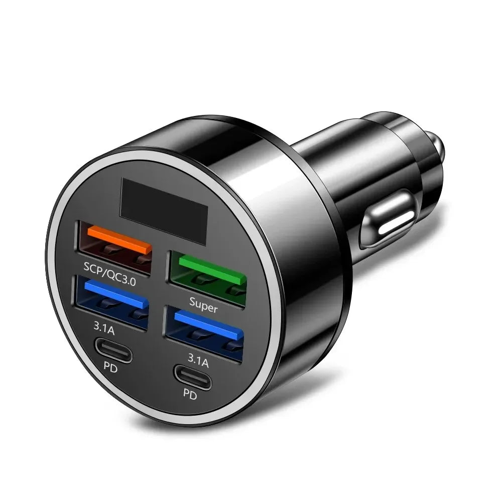 250W PD Car Charger QC3.0 Fast Charge two to Six Port Car Cigarette Lighter Plug Car Charger Flash Charge with Digital Display