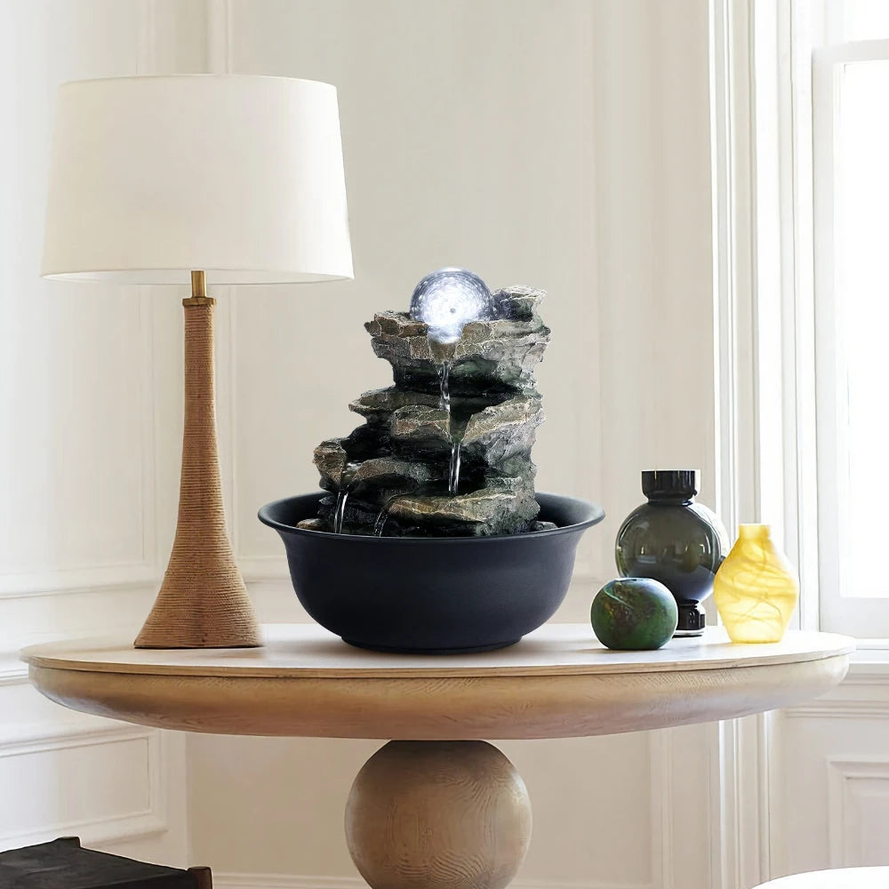 Tabletop Water Fountain Small Relaxation Waterfall Feature with LED Ball Indoor Decorative Tabletop Fountain for Stress Relief