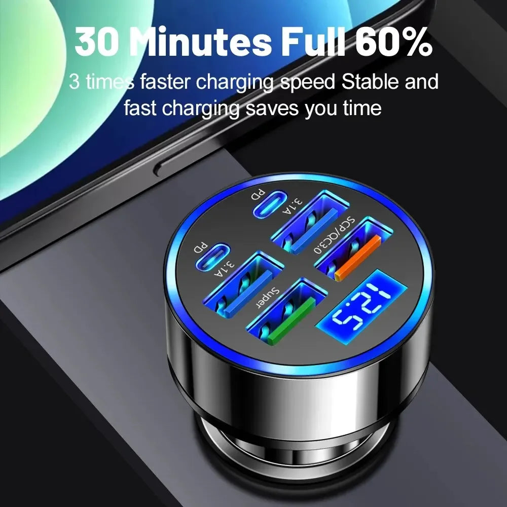 250W PD Car Charger QC3.0 Fast Charge two to Six Port Car Cigarette Lighter Plug Car Charger Flash Charge with Digital Display